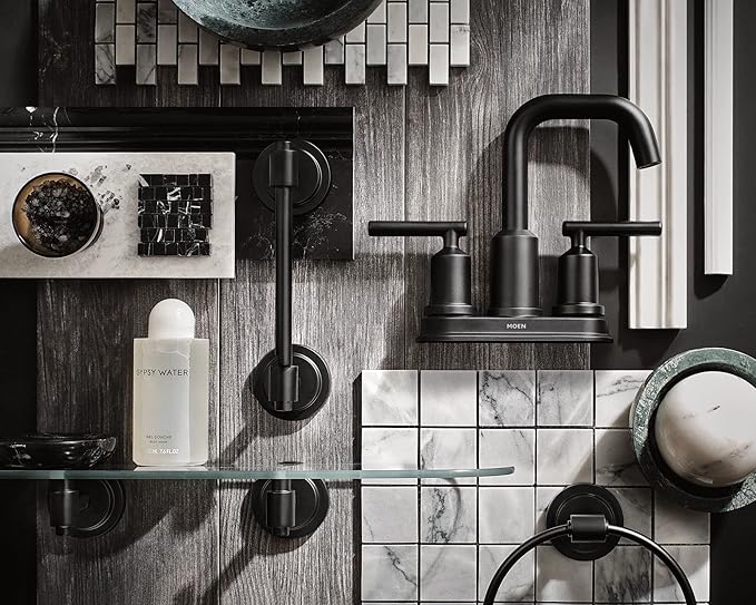Moen Gibson Matte Black Two-Handle Centerset Modern Bathroom Faucet with Drain Assembly for 4-inch 3-Hole Countertops, 6150BL
