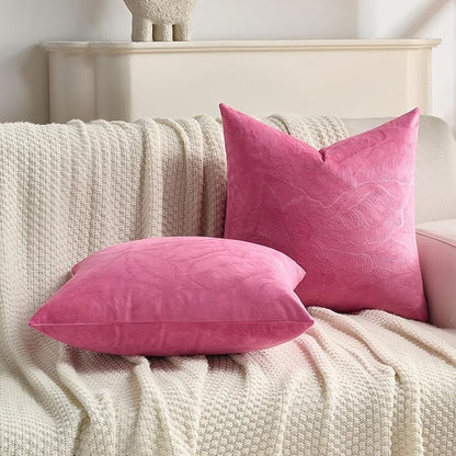 FUTEI Hot Pink Velvet Throw Pillow Covers 18x18 Inch Set of 2,Soft Embossed Leaf-Relief Textured Cushion Cases,Natural Home Decor for Couch Living Room