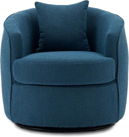 Swivel Accent Chair, Modern Upholstered Boucle Barrel Arm Chairs with Pillow for Living Room, 360 Degree Round Swivel Sherpa Armchair with Round Base for Bedroom Club (1, Dark Blue)