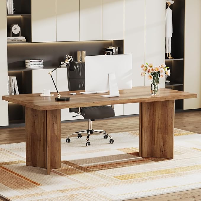 Tribesigns 63-inch Executive Desk, Vintage Home Office Computer Desk with Large Tabletop, Farmhouse Wood Writing Conference Table Workstation for Office, Study, Walnut Brown