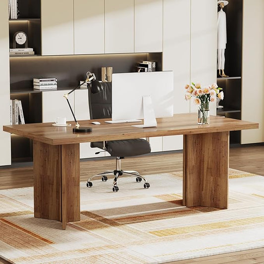 Tribesigns 63-inch Executive Desk, Vintage Home Office Computer Desk with Large Tabletop, Farmhouse Wood Writing Conference Table Workstation for Office, Study, Walnut Brown