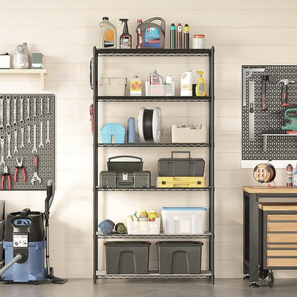 SONGMICS 6-Tier Storage Shelves, Wire Shelving Unit, Kitchen Metal Shelves, Storage Rack with Adjustable Shelves, Shelf Liners, 8 Hooks, for Garage, 13.8 x 35.4 x 69.7 Inches, Black ULGR096B01