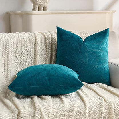 FUTEI Teal Velvet Throw Pillow Covers 18x18 Inch Set of 2,Soft Embossed Leaf-Relief Textured Cushion Cases,Natural Home Decor for Couch Living Room