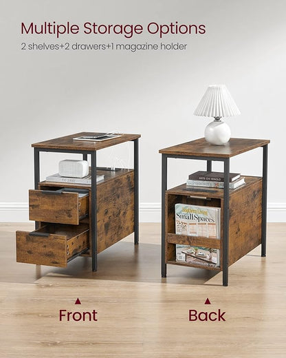 VASAGLE Side End Table with Charging Station, Slim Nightstand with 2 Drawers, Narrow Bedside Table for Living Room, Small Spaces, Rustic Brown and Ink Black ULET321B01