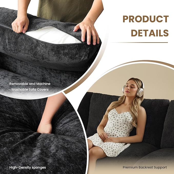 WJShome Modular Sectional Cloud Couch Modern L Shaped Sofa with Ottoman, 100 Inch 3-Seat Chenille Deep Seat Couches for Living Room, Bedroom and Apartment，Black