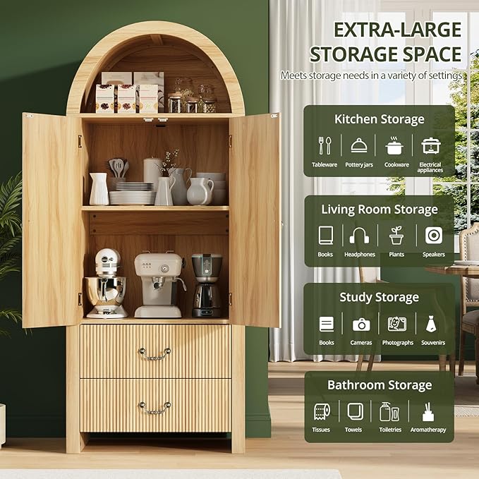 FURSUN 71" Tall Fluted Arched Bookshelf with Doors, Wood Pantry Storage Cabinet with 2 Large Drawers, Modern Versatile Bookcase for Living Room, Kitchen, Dining, Natural Oak