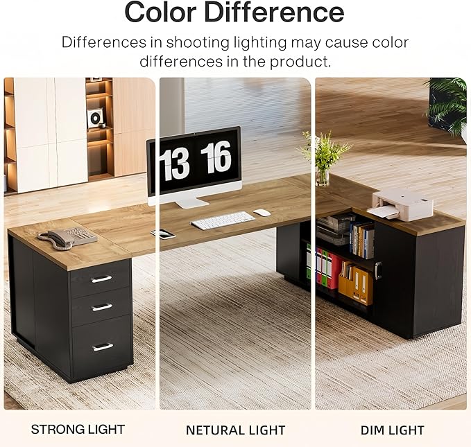 Tribesigns 85.8-Inch L-Shaped Executive Desk with File Drawers, Door Cabinet & Shelves, Extra Large Commercial Office Desk, Modern Professional Office Table, Business Furniture, Natural & Black