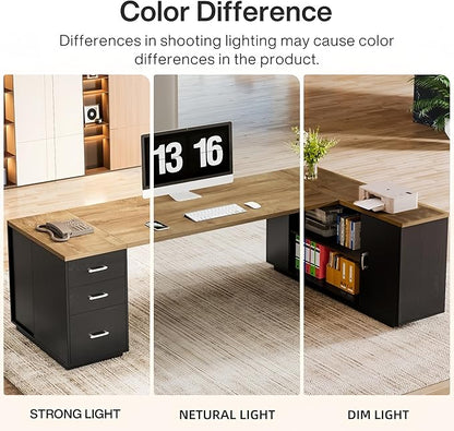 Tribesigns 85.8-Inch L-Shaped Executive Desk with File Drawers, Door Cabinet & Shelves, Extra Large Commercial Office Desk, Modern Professional Office Table, Business Furniture, Natural & Black