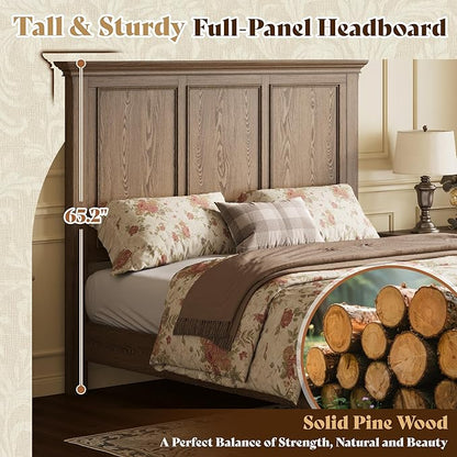 AMERLIFE Solid Wood King Bed Frame with 65.2" High Headboard, Traditional Platform Bed with Heavy Duty Slats, No Box Spring Needed, Easy Assembly, Light Brown