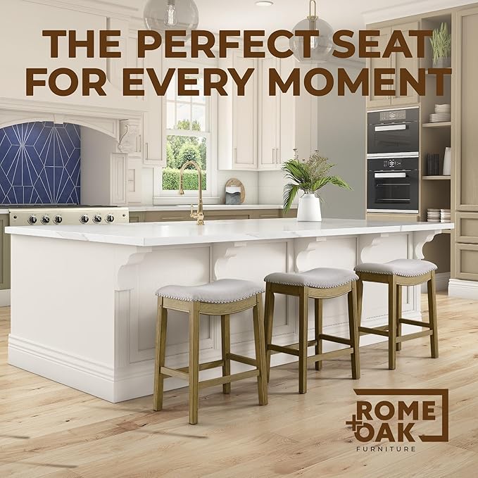 ROME + OAK Set of 2 Parker 26" Counter Stool, Backless Saddle Kitchen Barstool in Natural Wood Finish with Wheat Cream Fabric Upholstery Cushion Seat