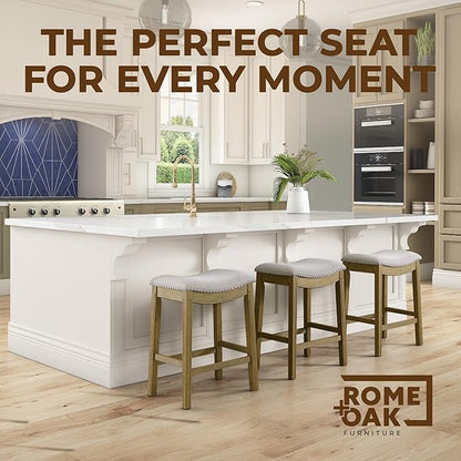 ROME + OAK Set of 4 Parker 26" Counter Stool, Backless Saddle Kitchen Barstool in Natural Wood Finish with Wheat Cream Fabric Upholstery Cushion Seat