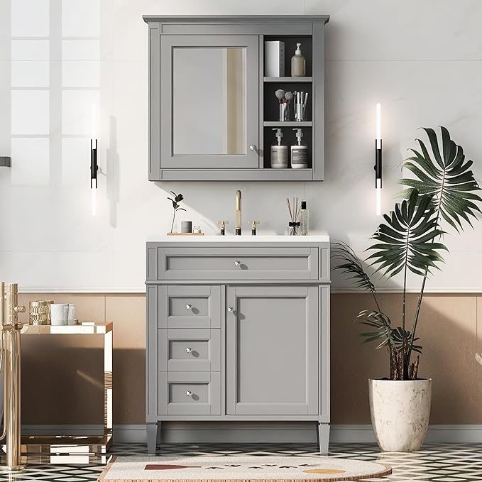 Bathroom Wall Cabinet with Mirror, 30'' x 28'' Medicine Cabinet with Mirror Door and Adjustable Shelves, Over Toilet Storage Cabinet, Wall-Mounted Bathroom Mirrors for Over Sink with Storage