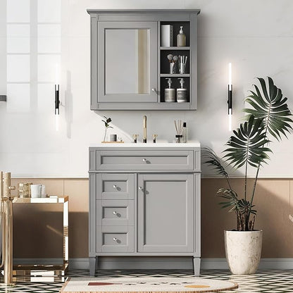 Bathroom Wall Cabinet with Mirror, 30'' x 28'' Medicine Cabinet with Mirror Door and Adjustable Shelves, Over Toilet Storage Cabinet, Wall-Mounted Bathroom Mirrors for Over Sink with Storage