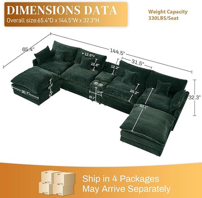 HYJT-H&K 145" U Shaped Cloud Couch Modular Green Sectional Couches for Living Room, Comfy Fluffy Corduroy Oversized Cloud Sectional Couch Large 6 Seat Sectionals Sofa Set Central Console USB Port