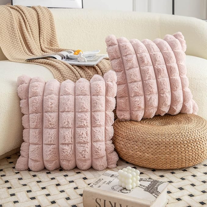 Neelvin Pink Faux Fur Cozy Soft Plaid Decorative Throw Pillow Covers 12x20 inch Set of 2,Velvet Pillowcase Cushion Case for Sofa Couch