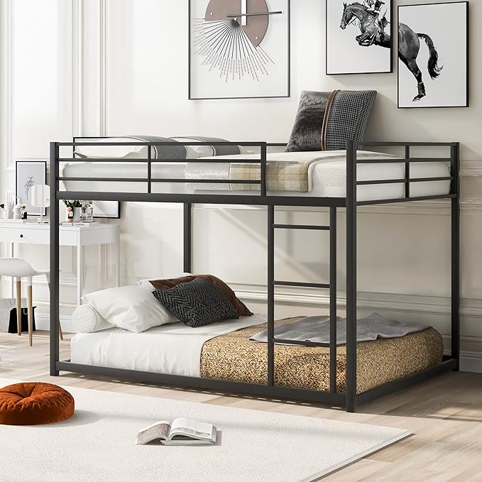 Full Over Full Metal Bunk Bed with Full-Length Guardrail,Low Bed Frame W/Ladder, Steel,No Noise,Bedroom Furniture for Adult Kid Boy Girl Teen,Black