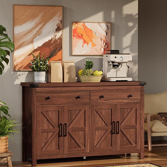 Buffet Cabinet with Storage Farmhouse with 4 Doors and 2 Drawers, 55'' Large Kitchen Storage Cabinet Cherry Wood Coffee Bar Buffet Sideboard for Kitchen, Dining Room, Living Room