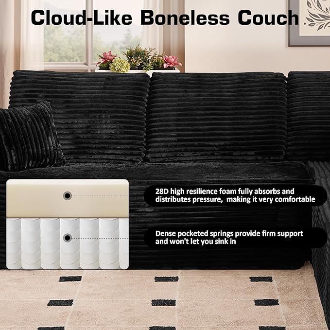 135'' Boneless Sectional Couch, Oversized U Shaped Modular Cloud Couches, Plush Corduroy Memory Foam Deep Seat Floor Sofa for Living Room, No Assembly Required, Black