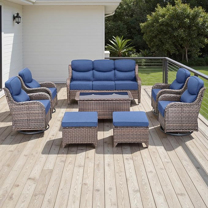 Rilyson Wicker Outdoor Patio Furniture Set - 8 Piece Patio Conversation Sets with Swivel Rocker Chairs, Ottomans, Sofa and Coffee Table, 6 inch Cushions, Deep Seating, for Porch Deck Brown/Blue