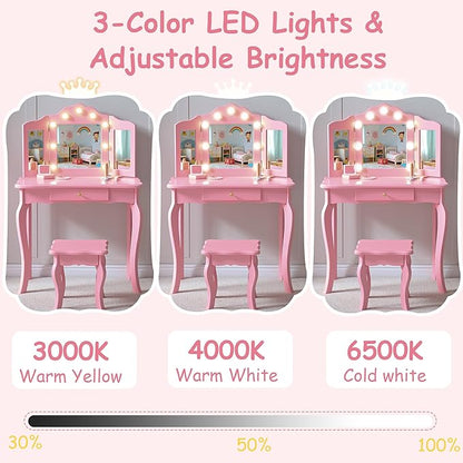 Kids Vanity Set, Kids Vanity Table and Chair Set with Stool and Light, 2 in 1 Wooden Kids Make Up Vanity Desk, Princess Makeup Table with Drawer for Girls