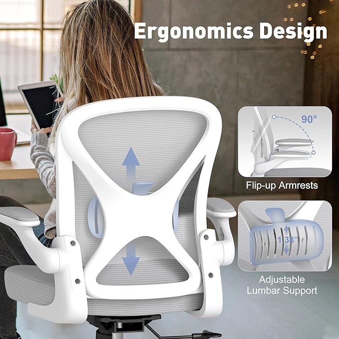 ZZH Ergonomic Office Chair Set of 6 with Adjustable Lumbar Support, Mesh Home Office Desk Chair with Wheels and Flip-up Arms, Grey