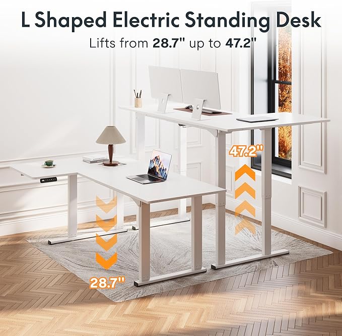 FLEXISPOT 4-Leg L-Shaped Standing Desk, 71 x 43 Inches Electric Height Adjustable Desk with Memory Controller, 220lb Load Capacity, Reversible L/R Corner Desk for Home Office, Gaming & Study, White
