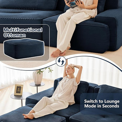 150.4” Blue Boneless Couches for Living Room, Modular Sectional Sofa with U-Shape Chaise, 4 Seater Comfy Upholstered Deep Seat Corduroy Fabric Cloud Couch No Assembly, Anti-Slip Design