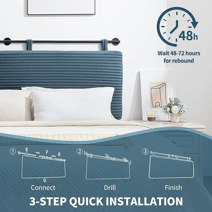 UEV King Headboard Only, Wall Mounted Hanging Upholstered Bed Head Board, Modern Vertical Channel Design of Fine Flannel, Elegant Blue Fluted Headboard for Bedroom (Lake Blue, King Size)