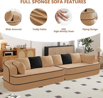 Cloud Sectional Sofa Modern Boneless Couch for Living Room, Comfy Deep Seat Comfy Teddy Fabric Double Sofa Chaise No Assembly Required (Camel, 135"- 4 Seater)