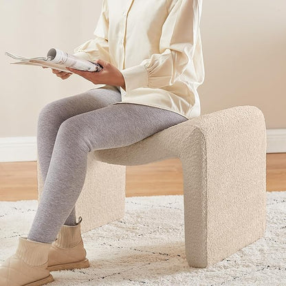 Modern Boucle Ottoman, Vanity Stool Chair, Foot Stool with Wooden Legs Sofa Bench Footstool Extra Seat for Vanity, Makeup Room, Living Room, Entryway, Set 2, Camel