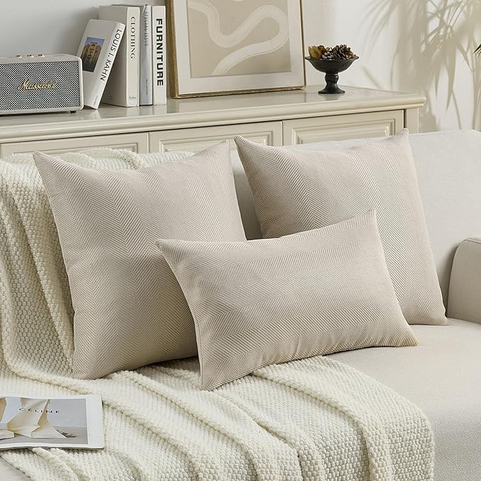 FUTEI Beige Chenille Throw Pillow Covers 16x16 Inch Set of 2,Soft Wide Chevron Textured Cushion Case,Farmhouse Home Decor for Couch Bed Living Room