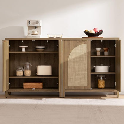 SICOTAS 102" W Rattan Sideboard Buffet Cabinet with Storage Set of 3, Mid Century Modern Credenza with Arch Doors & Shelves Farmhouse Coffee Bar Media Console Cabinets for Living Room, Entryway