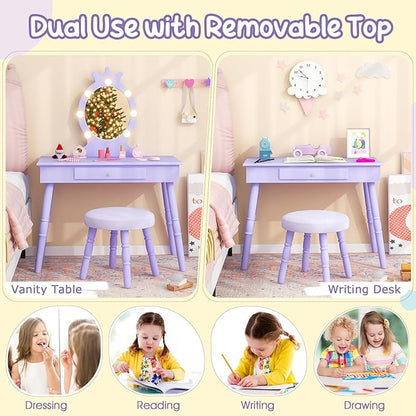Costzon Kids Vanity, Girls Vanity Set with Mirror and Stool and Lights, Drawer, 2 in 1 Wooden Makeup Vanity Desk Dressing Table, Kids Vanity Table and Chair Set (Violet)