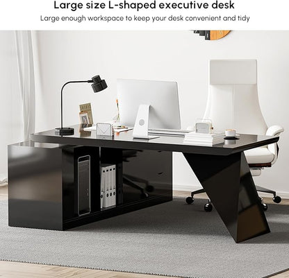 homary 70.9" Modern L-Shape Executive Desk Set, Home Office Desk with Home Office Executive Chair, Drawers & Cabinet Modern Computer Desk for Home Business Furniture, Black, Left Hand