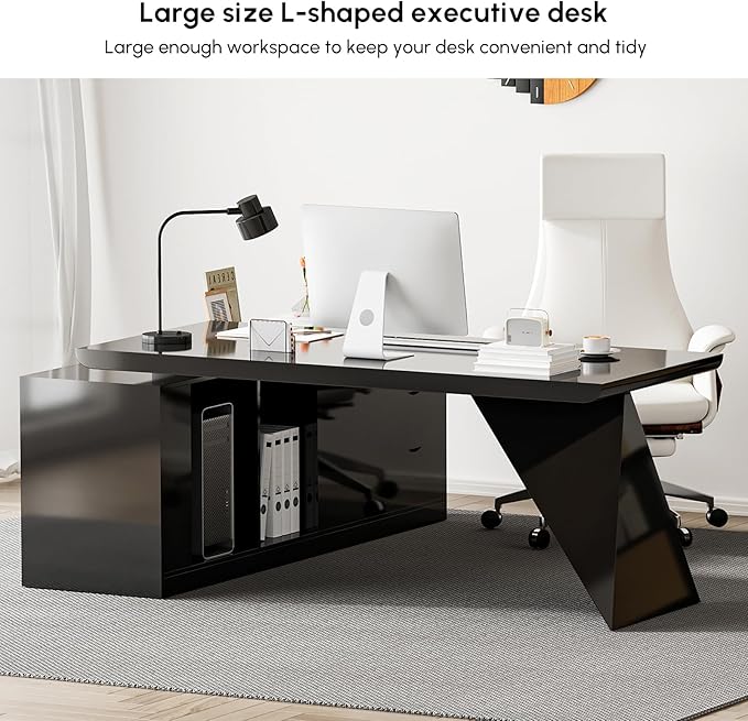 homary 70.9" Modern L-Shape Executive Desk, Home Office Desk with Drawers & Cabinet Modern Computer Desk for Home Business Furniture, Black, Right Hand