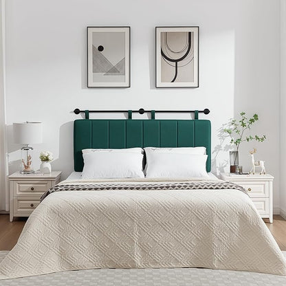 UEV King Headboard Only, Wall Mounted Hanging Upholstered Bed Head Board, Modern Vertical Channel Design of Fine Linen, Elegant Light Yellow Fluted Headboard for Bedroom (Dark Green, King Size)