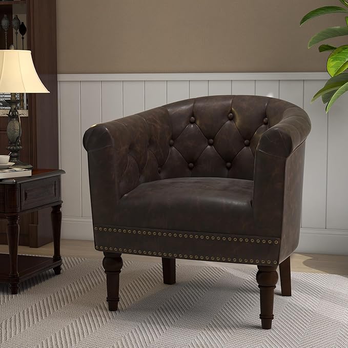 Lumibee Faux Leather Barrel Chairs, Upholstered Accent Chairs Set of 4 for Living Room, Modern Comfy Club Armchairs for Office, Bedroom, Waiting Room-Chocolate