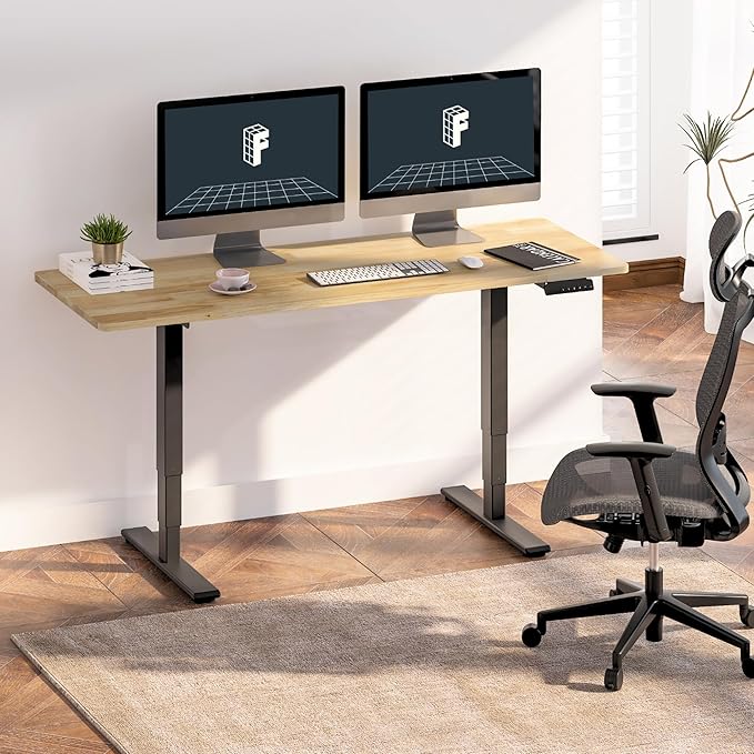FlexiSpot E6 Solid Wood 3-Stage Dual Motor 71 x 30 Electric Standing Desk, Holds 220 lbs, Adjustable Height w/ Memory Presets, Butcher Block Rubberwood Desktop & Black Frame, Ships in 2 Boxes