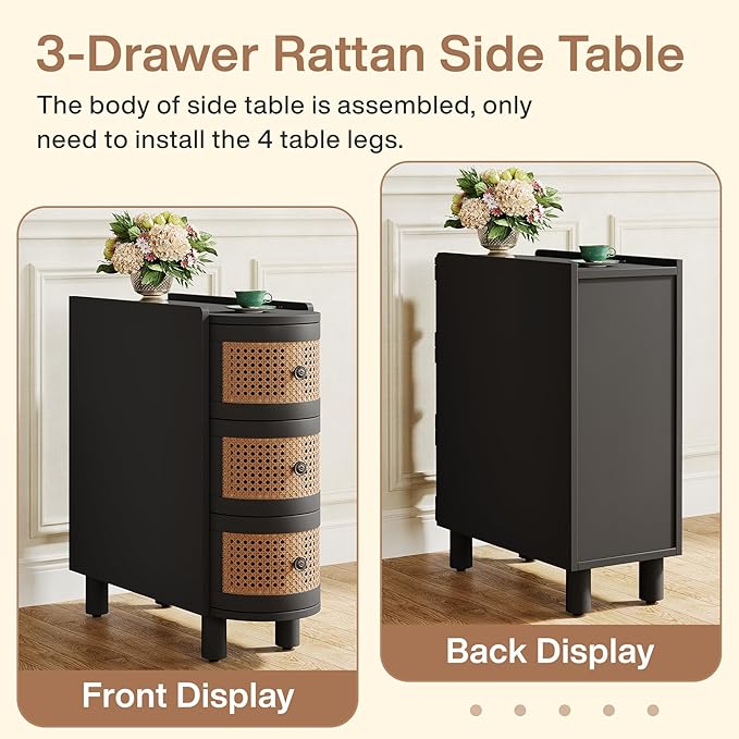 Tribesigns Solid Wood End Table Set of 2, 3-Drawer Rattan Side Table, Night Stand with 3 Rattan Drawers and Exquisite Embossed Handles for Living Room, No Assembly Required (Black & Oak)