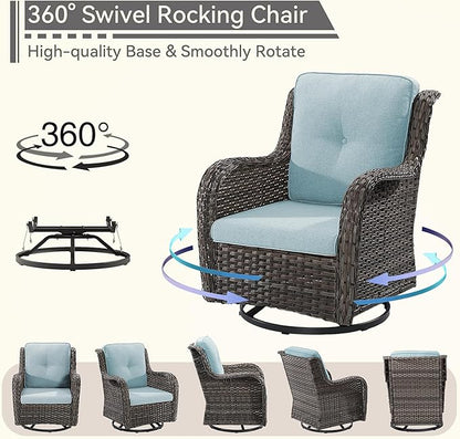 6 Pieces Outdoor Furniture Set - Patio Wicker Swivel Rocker Chair Set of 4 and 2 Side Table, Light Blue, Mixed Brown Rattan, Suitable for Porch, Yard