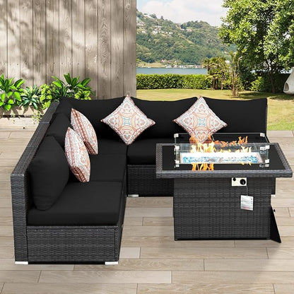 NICESOUL 6 Piece Modern L-Shaped Outdoor Sectional with Firepit Natural Gas/Propane, 29.3'' High Back Wicker Patio Furniture Set, Oversized Conversation for Exterior, 2 Color Cushion Black & Gray