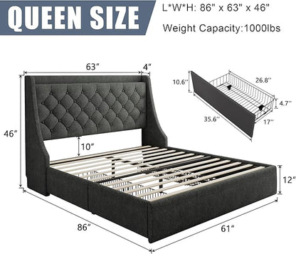 Queen Size Upholstered Platform Bed Frame with 4 Storage Drawers and Charging Station, Linen Button Tufted Wingback Headboard, Sturdy Wooden Support Slats, No Box Spring Needed, Dark Grey