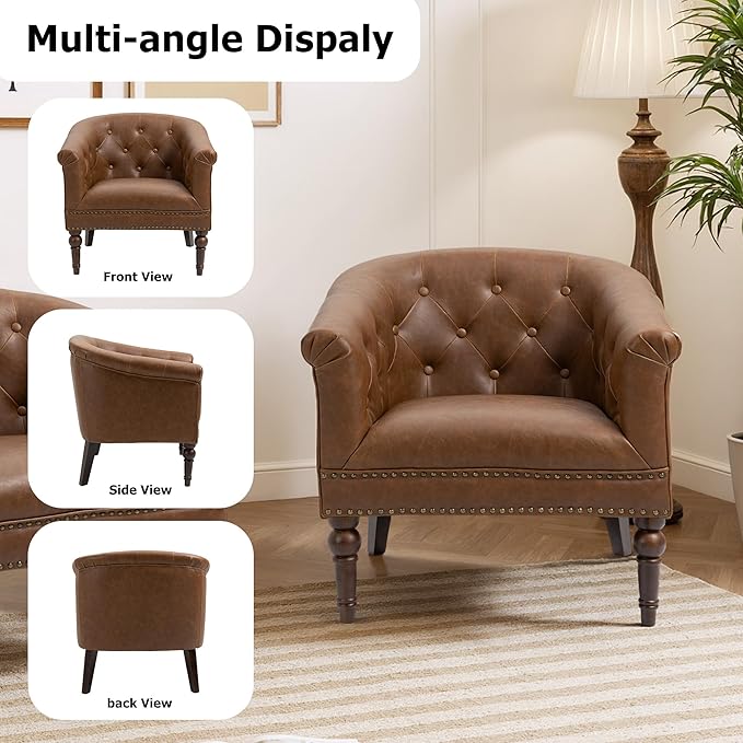 Lumibee Faux Leather Barrel Chairs, Upholstered Accent Chairs Set of 2 for Living Room, Modern Comfy Club Armchairs for Office, Bedroom, Waiting Room-Brown