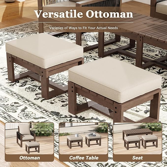 5 Piece Patio Bistro Chair Set with Ottoman, Wooden Outdoor Patio Furniture Set, Patio Wicker Chairs with Coffee Tables for Balcony Deck Backyard