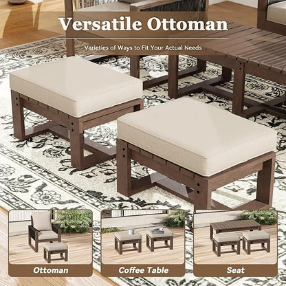 5 Piece Patio Bistro Chair Set with Ottoman, Wooden Outdoor Patio Furniture Set, Patio Wicker Chairs with Coffee Tables for Balcony Deck Backyard
