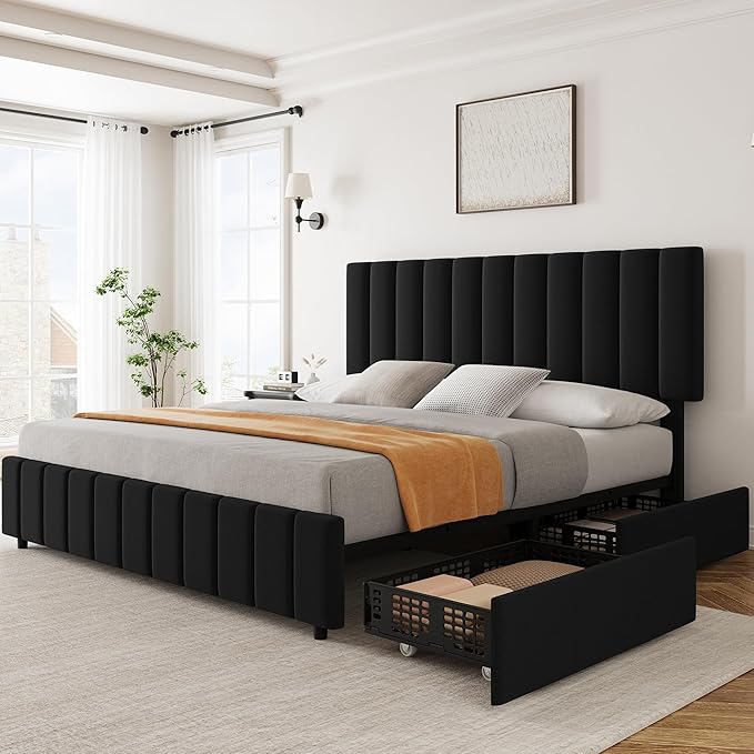Garvee Queen Size Bed Frame with 4 Storage Drawers, Adjustable Height Headboard, Linen Upholstered Platform Bed Frame, No Box Spring Needed, Easy Assembly, Black