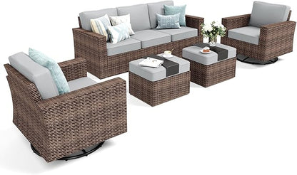 Swivel Glider 5 Piece Outdoor Furniture Set with Swivel Chairs, Wicker Patio Furniture with 4.92" Wide Armrest, 26.3" Deep Seating and 5.5" Thick Cushions, Grey