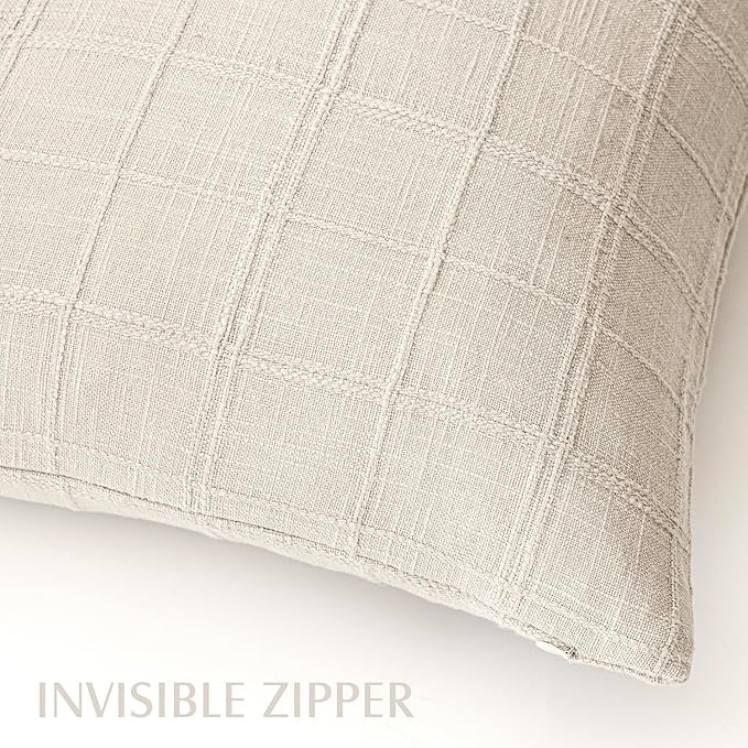 Foindtower Set of 2 Decorative Linen Check Throw Pillow Covers Neutral Long Body Lumbar Cushion Covers Farmhouse Vintage Home Decor for Sofa Chair Couch Bedroom Living Room,14×36 Inch,Natural Beige