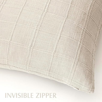 Foindtower Set of 2 Decorative Linen Check Throw Pillow Covers Neutral Farmhouse Vintage Cushion Covers Modern Boho Home Decor for Sofa Chair Couch Bedroom Living Room,24×24 Inch,Natural Beige