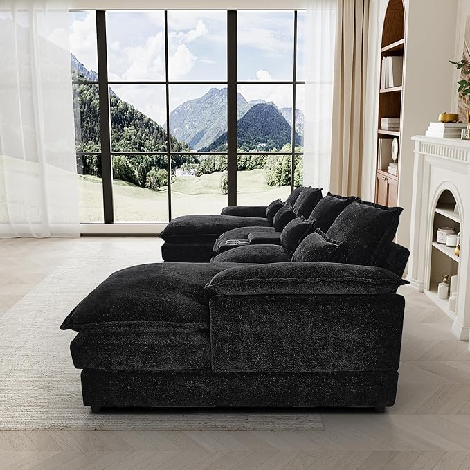 HYJT-H&K 124" U Shaped Cloud Couch Sectional, Comfy Fluffy Chenille Black Sectional Couches for Living Room, Modern Modular Sectionals Sofa with Central Console Double Chaise Lounge Black